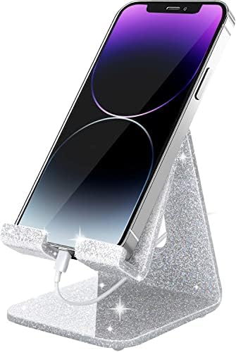 Crpich Acrylic Cell Phone Stand, Portable Phone Holder, Phone Stand for Desk, Compatible with Phone16 15 14 13 12 Pro Max Mini 11 Xr Plus SE, Switch, Android Smartphone, Pad, Tablet, Glitter Silver by Crpich