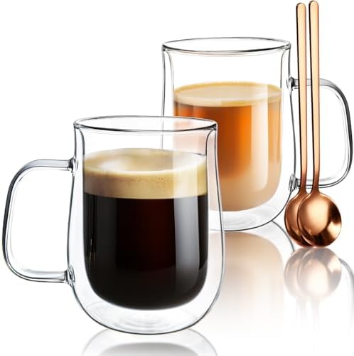 Double Walled Glass Coffee Mugs 16 OZ, Borosilicate Glass Coffee Cups Set of 2 with Spoons, Insulated Clear Coffee Mug for Hot Beverages, Cappuccino, Latte, Tea Bag. by COMOME