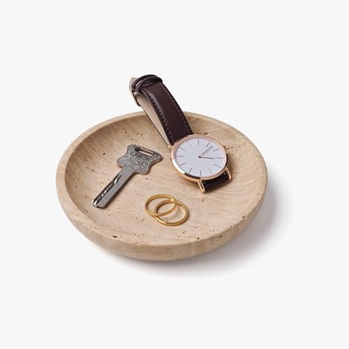 Natural Travertine Valet Tray - 5.5" Round Stone Jewelry Trinket Dish Catchall for Keys, Watches, Rings - Decorative Beige Bowl for Entryway, Nightstand, Bathroom Vanity by Gixemeva