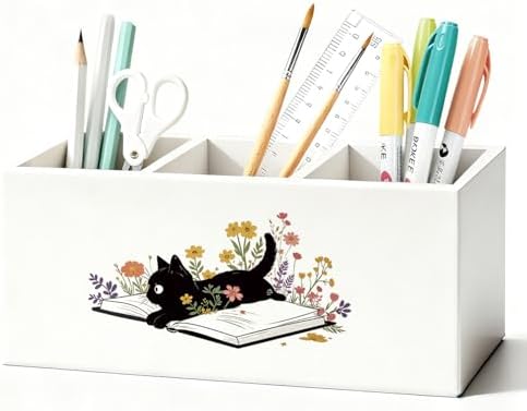 Black Cat Pen Holder, Book Lovers Reader Gifts Pencil Holder for Desk, Black Cat Lovers Gifts for Women, Floral Book Wooden Box Sign Decorations for Reading Room Corner Nook Desk Tabletop by Unknown