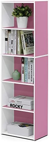 Furinno LUDER Book Shelf, 5-Tier Bookshelf, Bookcase with Open Shelves, 9.4 x 15.8 x 52, Easy Assembly, for Living Room, Bedroom, Home Office, White/Pink by Furinno-FitsYourSpaceFitsYourBudget