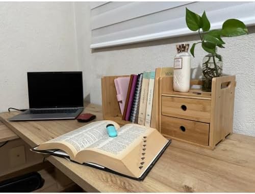 Desktop Bookshelf Expandable with Two Drawer Organizers Made of Bamboo, Collapsible Design & Compartments for Efficient, Clutter-Free Workspace Organization - Sleek Bookshelf - Image 2