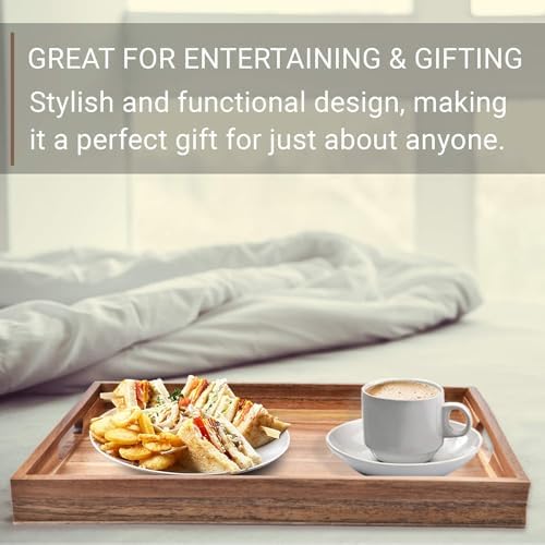 Acacia Wood Serving Tray with Handles Set of 2 – Decorative Serving Trays Platter for Breakfast in Bed, Lunch, Dinner, Patio, Ottoman, Coffee Table, BBQ, Party –Great for Lap &Couch - Image 4