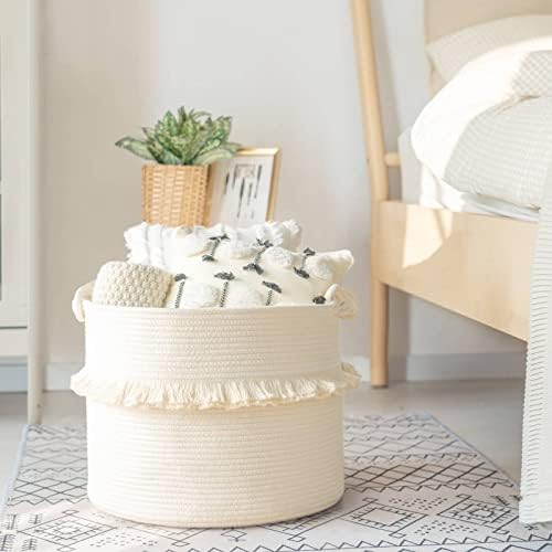 CherryNow 45L Woven Rope Baby Basket with Tassel, 16" x 13", Off-White - Image 2