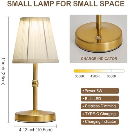 3000mah Battery Powered Lamp for Home,Small Cordless Lamps Rechargeable,3 Color Temperature 5W LED Touch Lamp Battery Operated Table Lights,Wireless Lamps for Tables,Kitchen,Living Room (Gold,H11”) - Image 6
