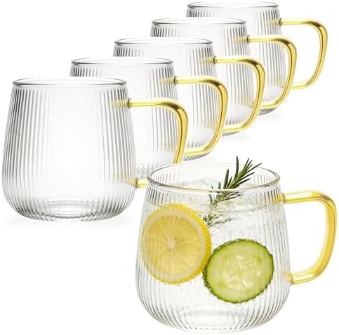 Greentainer Borosilicate Glass Coffee Mugs Set of 6, 20 oz Large Ribbed Drinking Water Glasses, Clear Tea Cups with Handle for Latte, Cappuccino, Hot/Cold Beverages, Dishwasher Safe Glassware by Greentainer