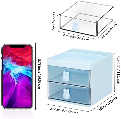 LETURE Small Desk Organizer With Drawer, Office Desktop Storage Box, Business Card/Pen/Pencil/Mobile Phone/Stationery Holder Storage Box, Makeup Organizer for Office School Home (Blue) - Image 2
