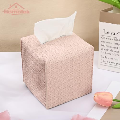HOMOTEK 1 Pack Tissue Box Cover, Square PU Leather Tissue Holder, Decorative Facial Tissue Cube Paper Organizer Dispenser for Bathroom, Night Stands, Desk, Car 5X5X5'' - Rattan Weave, Macaron Pink - Image 5