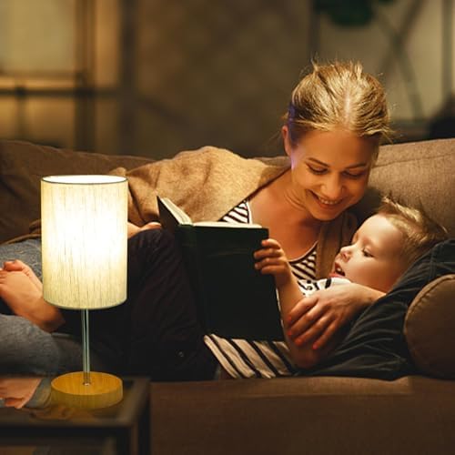 RISLG 2 Pack Small Table Lamps, Bedside Lamps for Nightstand with Wire Switch, Modern Minimalist Desk Lamp with Linen Fabric Shade for Dorm Kids Room Living Room Office Bedroom, Bulb Included - Image 2