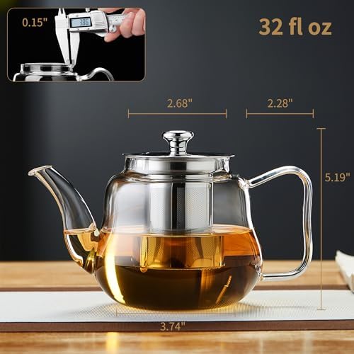 Glass Tea Pot with Infuser and Lid, Heat Resistance Borosilicate Glass Tea Kettle for Gas Stovetop, Suit for Blooming and Loose Leaf Tea, 32 fl oz - Image 4