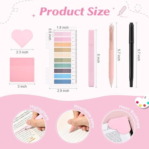 22Pcs Book Annotation Kit Aesthetic Pencil Case with Supplies School Annotation Supplies Gel Pen Transparent Sticky Note Taking Bible Study College Stationery Supplie (Pink Strawberry) - Image 5