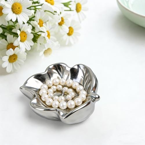 3.5' Silvery Cute Leaves Ceramic Jewelry Tray for Dressing Table - Image 6