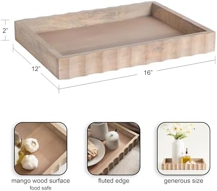 Kate and Laurel Lissi Decorative Rectangle Tray with Wavy Design; 16 x 12; Natural Wood; Modern Scalloped Serving Tray for Coffee Table Ottoman; Dining Table; or Entryway Catch-All Tray - Image 2