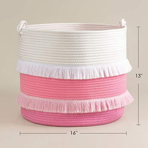 CherryNow 45L Woven Rope Baby Basket with Tassel, 16" x 13", Pink - Image 2