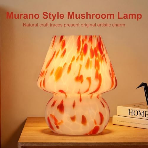Mushroom Lamp Small Glass Table Lamp, Bedside Nightstand Lamp, Cute Desk Lamp for Bedroom, Dorm, Living Room & Kitchen, Classic Vintage Home Decor Lamp (2, Red&White) - Image 6