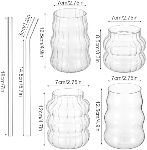 MAQUITA 4 Pcs Ribbed Glass Cups with Glass Straw, Cute Aesthetic Vintage Drinking Glasses, Wave Shape Design Bubble Cups for Iced Coffee Juice Cocktails Tea Milk - Image 2