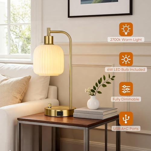 Cream Glass Table Lamps Set of 2, Dimmable Bedside Lamps for Living Room - Image 4