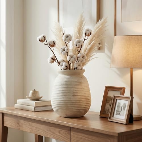 Rustic Terracotta Pot, 7 Inch Short Farmhouse Vase with Weathered Texture Off-White, Boho Home Decor for Pampas Grass, Tabletop, Mantel and Shelf Styling - Image 4