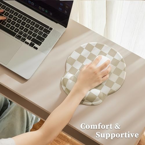 Ohocut Beige White Checkered Mouse Pad with Gel Wrist Rest, Wrist Support, Ergonomic Desk Accessories for Women, Office Laptop Gaming Decor, Cute Aesthetic Check Design - Image 6