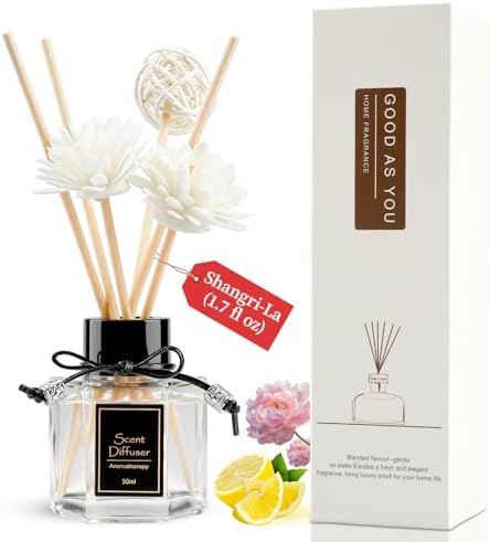 Shangri-La Reed Diffuser 1.7 fl oz | Long-Lasting Natural Home Fragrance | Non-Toxic Essential Oil with 6 Scent Sticks for Bathroom, Bedroom & Living Room | Plant-Based Air Freshener by WOHSEROM