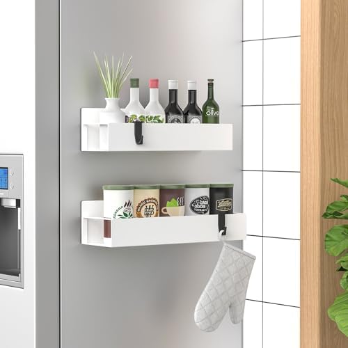 HuggieGems 2 Pack Magnetic Spice Storage Rack Organizer for Refrigerator and Oven, White Fridge Organizers and Storage by HuggieGems