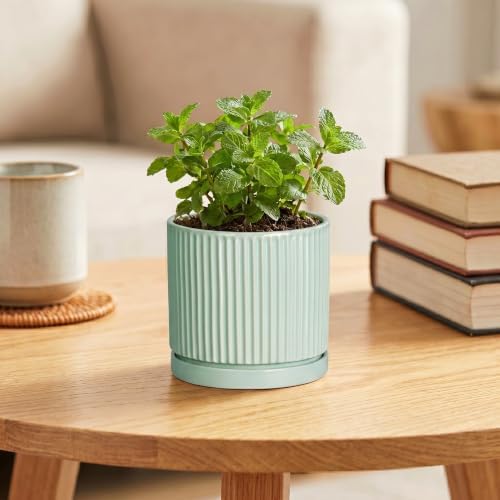 Ceramic Plant Pots, 4 Inch Pots for Plants with Tray, Mint Green - Image 4