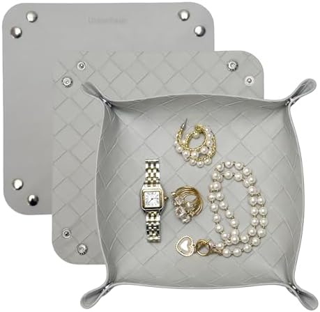 UnionBasic Small Valet Tray, Jewelry Tray for Rings Watches Earrings, Entryway Catchall Caddy for Coins Keys Change, Nightstand Bedside Valet Holder, Trays for Electronic Gadgets, Woven Light Gray by UnionBasic
