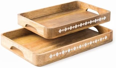 Mela Artisans Rounded Mango Wood Serving Tray Set - Natural, 15" and 13.5" by MelaArtisans