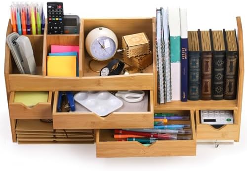 Lawei Bamboo Desk Organizer with Adjustable File Holder, Mini Desk Drawer Tabletop Organization Box with 4 Drawers for Makeup, Letter, Pens, Home Office Supplies, Vanity, 3 Layer, Fully Assembled - Image 6