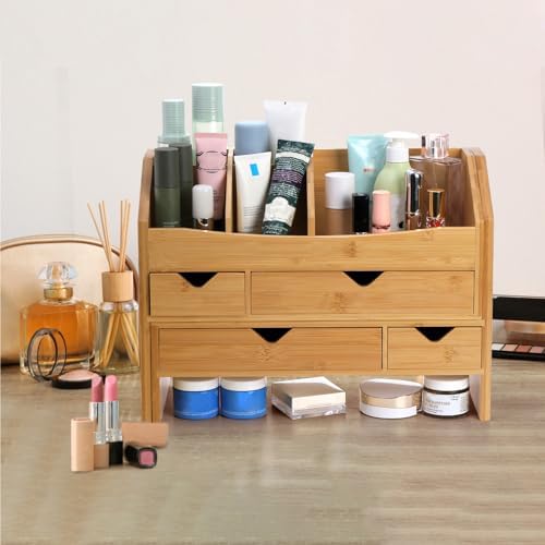 Lawei Bamboo Desk Organizer with Adjustable File Holder, Mini Desk Drawer Tabletop Organization Box with 4 Drawers for Makeup, Letter, Pens, Home Office Supplies, Vanity, 3 Layer, Fully Assembled - Image 7