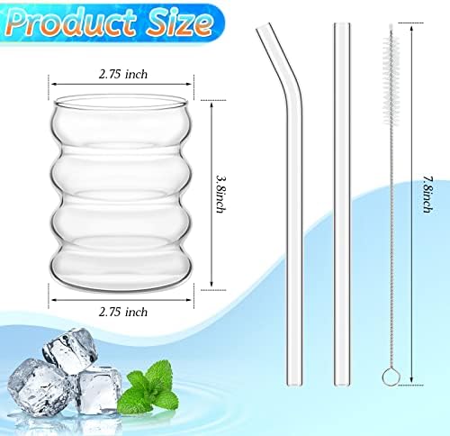Tessco for you 4 Pcs Creative Glass Cups Vintage Drinking Glasses Ribbed Glassware Aesthetic Cup Entertainment Dinnerware Glassware with Straws Set for Kitchen Coffee Beverage(13.5 oz,Clear) - Image 2