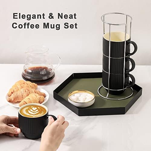 Hasense Black Coffee Mug Porcelain Set of 4 with Rack - 12 oz Stackable Coffee Cups Ceramic, Modern Ribbed Latte Cup Sets for Cappuccino, Tea, Espresso, Hot Cocoa, Drinks - Dishwasher & Microwave Safe - Image 2