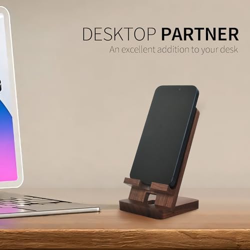 Wood Phone Stand with Mirror, Desktop Wooden Phone Holder, Portable Office Phone Stand for Desk, Wood ipad Stand， Compatible with iPhone & All Cell Phones(Walnut with Mirror) - Image 5