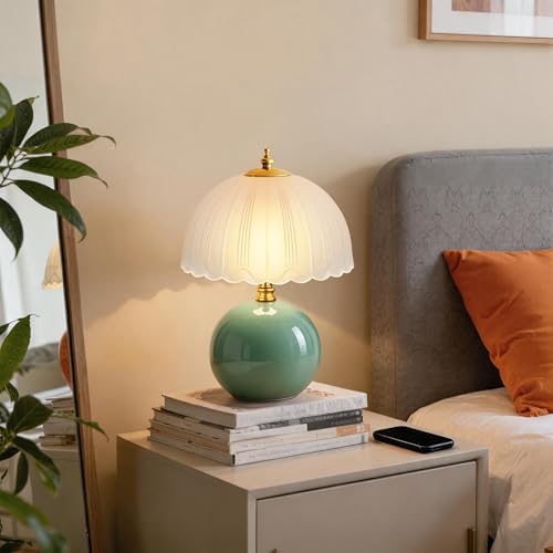 PARTPHONER Mushroom Table Lamp, Ceramic Bedside Lamp with Glass Shade, 3-Way Lighting (2700K-5000K) Rocker Switch, Small Nightstand Lamp for Bedroom, Living Room, Office, Green - Image 7