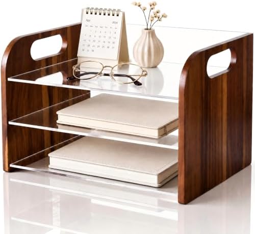 Marsui 3 Tier Desk Paper Organizer, Acacia & Acrylic Letter Trays Classroom by Marsui