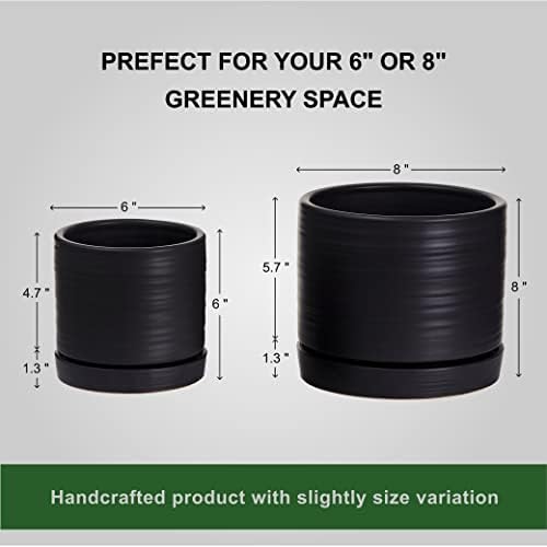 HERDUK 6 + 8 Inch Plant Pots, Ceramic Planter Pot with Drainage Hole & Saucer, Indoor/Outdoor Cylinder Round Planter Pot, Matte Black - Image 7