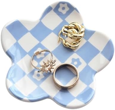 Blue Checkered Jewelry Dish, Ceramic Flower Trinket Tray for Rings & Earrings, Trendy Teen Girls Birthday Gifts, Aesthetic Room Decor for Nightstand Vanity Bathroom Sink & Dorm Desk, 3.8" by OVENKEI