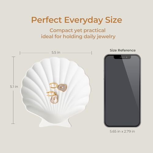 Shell Jewelry Dish, Shatterproof Matte White Metal Ring Tray with Velvet Base, Ceramic-Look Scallop Trinket Dish for Vanity, Coastal Decor Catchall, Nightstand & Gift - Image 3