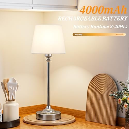 Kakanuo Cordless Table Lamp Rechargeable Silver - 1 Pack 4000mAH Battery Operated Lamp for Decor, 3000K Stepless Dimming Touch Control Wireless Lamp for Bedroom, Dining Table, Counter, Living Room - Image 3