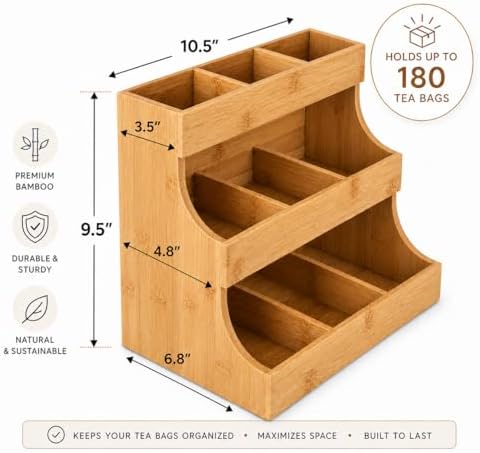 Theodore Tea Bag Organizer – Wooden Tea Organizer and Storage for Home, Kitchen, Office – 180 Tea Bag Holder - Vertical Display Tea Box. Also for Coffee Pods, Sugar, Sweeteners and Creamers. - Image 2