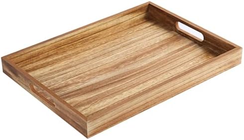 Krismax Wooden Serving Tray with Handles, Rustic Brown Rectangular Serving Platter 15.7x11.4 Inch for Coffee Table, Decorative Storage Tray by Home