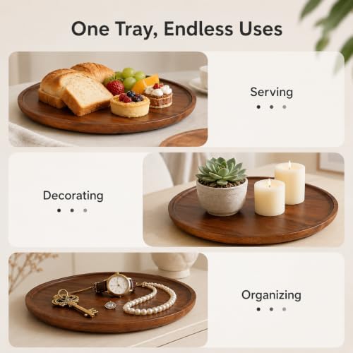 Multi-Purpose Acacia Wood Round Serving Tray for Ottoman Living Room Decor - Image 7