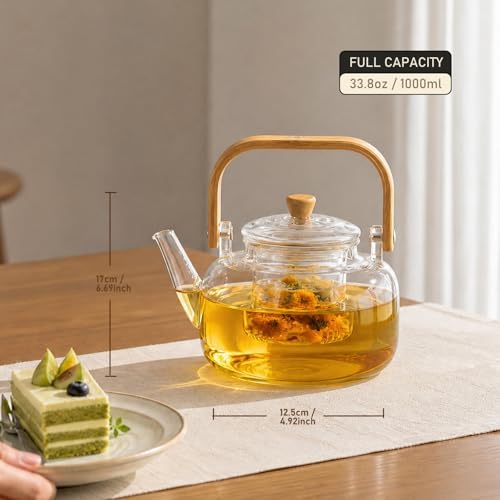 1000ml (33.8oz) Borosilicate Glass Teapot with Wooden Handle, Stovetop Safe Clear Tea Kettle with Removable Glass Infuser for Blooming Tea & Loose Leaf Tea - Image 2