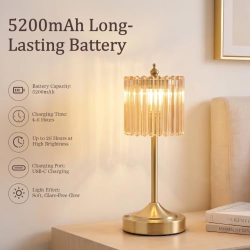 Cordless Table Lamp, Rechargeable Gold Glass Touch Lamp - Image 4