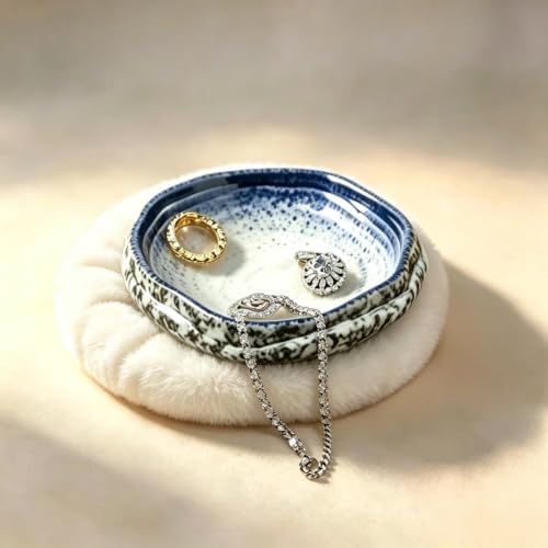 Blue Speckled Ceramic Jewelry Dish with Legs, Rustic Wabi Sabi Trinket Tray, Boho Ring Holder for Rings Earrings Necklaces, Small Vanity Organizer for Bedroom Nightstand, Women Gift Decorative Bowl by Unknown