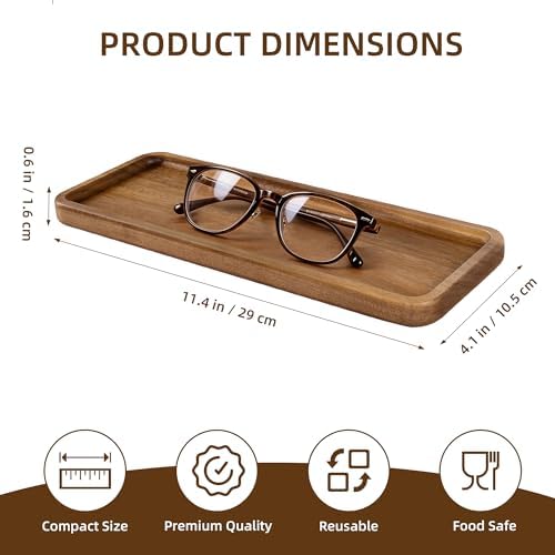 TJ POP Acacia Wooden Tray - 11.4” x 4.1” Rectangular Decorative Tray for Counter, Solid Wood Serving Tray for Coffee Table, Snacks & Drinks, Rustic Serving Platter for Party, Holiday & Everyday Use - Image 2