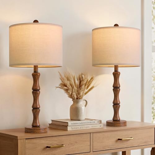 BOBOMOMO 25" Rustic Table Lamps Set of 2, Farmhouse Nightstand Lamps with Wood Grain Resin Base & Linen Shade, Standard Table Lamps for Bedroom, Living Room, End Table & House Décor by BOBOMOMO