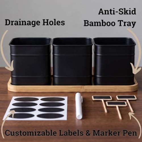 Herb Planter Indoor, 3-pc Herb Pots w/ Drainage Holes, Bamboo Tray & Labels - Image 2
