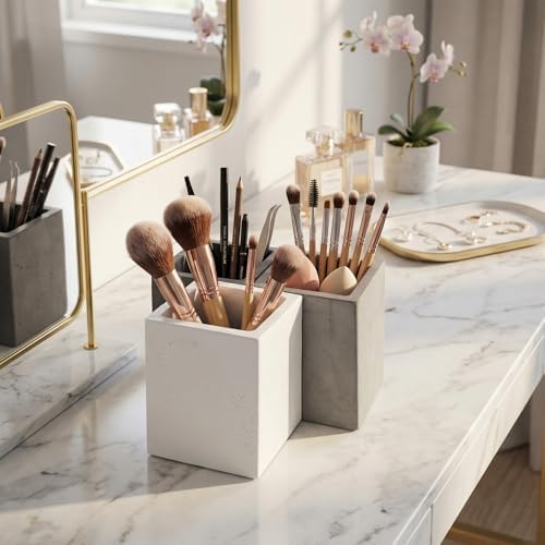 MyGift Pen Holder Pencil Holder For Desk,Pen Cup Holder For Desk,Concrete Desktop Pencil Cup,Modern Gray-Tone,Set of 3 - Image 5