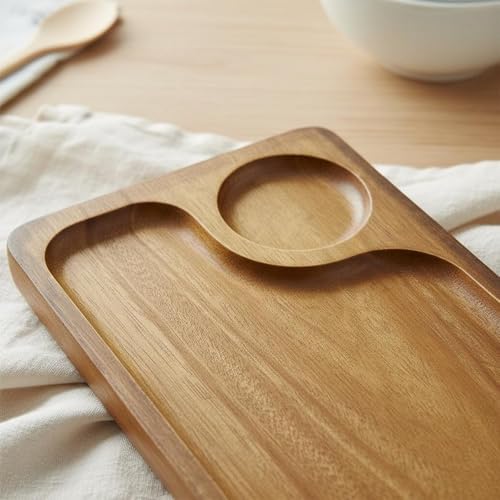 Generic Acacia Wood Serving Tray Hand Polished Japanese Appetizer Plate Multipurpose Serving Tray Platter with Beverage Holder Holder for Home, Cafe, Restaurant, Large Rectangular, Double Compartment - Image 4